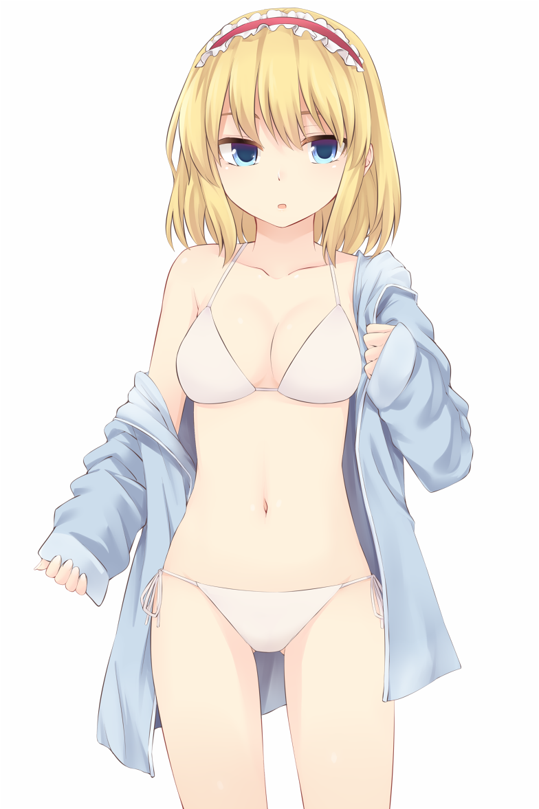 1girl alice_margatroid ass_visible_through_thighs bare_shoulders bikini blonde_hair blue_eyes blue_jacket breasts cleavage collarbone commentary_request cowboy_shot hairband hood hooded_jacket jacket lolita_hairband long_sleeves looking_at_viewer medium_breasts miyo_(ranthath) navel off_shoulder parted_lips red_hairband short_hair side-tie_bikini solo standing stomach swimsuit touhou white_bikini