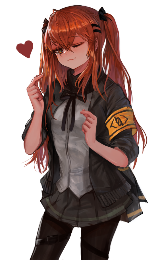 1girl ;3 ahoge armband bangs black_legwear breasts contrapposto cowboy_shot dokomon eyebrows_visible_through_hair girls_frontline hair_between_eyes hair_ornament hair_ribbon hairclip heart heart-shaped_pupils jacket long_hair looking_at_viewer medium_breasts neck_ribbon one_eye_closed orange_eyes orange_hair pantyhose pleated_skirt pointing pointing_at_self ribbon scar scar_across_eye simple_background skirt smile solo standing symbol-shaped_pupils thigh_strap twintails ump9_(girls_frontline) white_background