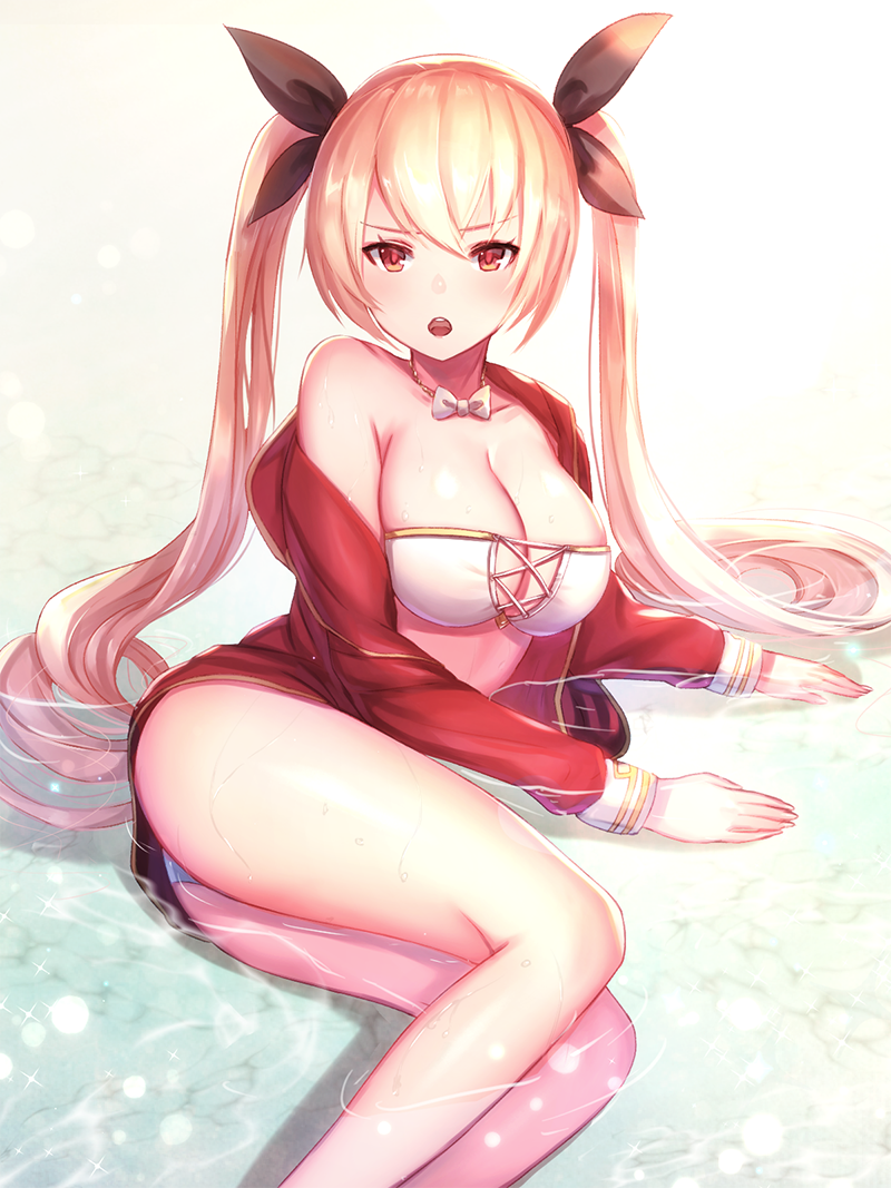 1girl azur_lane bangs blonde_hair blush breasts cleavage commentary_request dolce_(dolsuke) eyebrows_visible_through_hair hair_ribbon large_breasts long_hair long_sleeves looking_at_viewer nelson_(azur_lane) open_mouth red_eyes ribbon solo swimsuit thighs very_long_hair