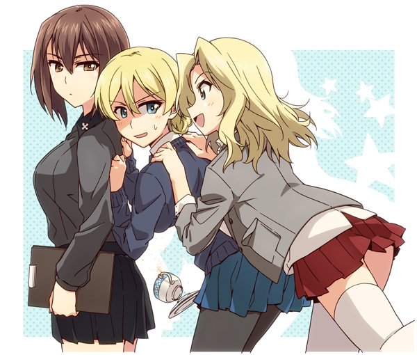 3girls against_wall bangs black_legwear black_skirt blazer blonde_hair blouse blue_eyes blue_skirt blue_sweater braid brown_eyes brown_hair clipboard commentary cup darjeeling dress_shirt dropping eyebrows_visible_through_hair girls_und_panzer grey_jacket grey_shirt hair_intakes hands_on_another's_shoulders holding jacket kay_(girls_und_panzer) kuromorimine_school_uniform leaning_forward long_hair long_sleeves looking_back miniskirt multiple_girls nishizumi_maho open_clothes open_jacket open_mouth pantyhose pleated_skirt red_skirt saucer saunders_school_uniform school_uniform shirt short_hair skirt sleeves_rolled_up smile spilling st._gloriana's_school_uniform standing standing_on_one_leg star starry_background sweatdrop sweater teacup thigh-highs tied_hair tsuchinoko_(muni_muni) twin_braids white_blouse white_legwear white_shirt