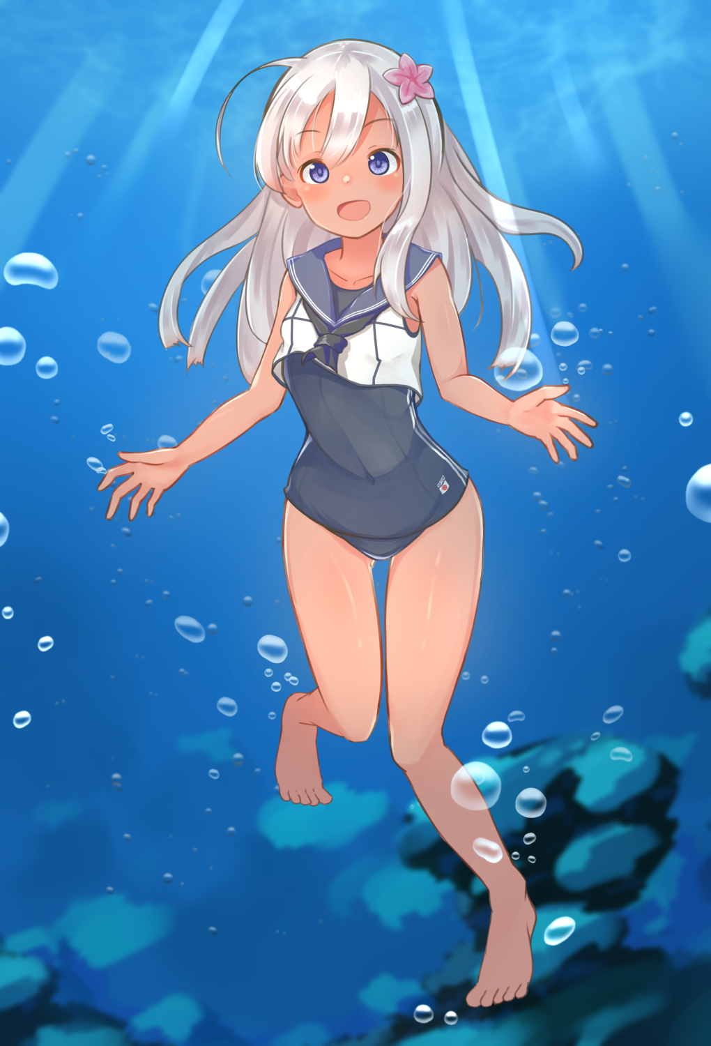 1girl air_bubble barefoot black_neckwear black_sailor_collar black_swimsuit blonde_hair blue_eyes boronoki bubble crop_top flower freediving hair_flower hair_ornament highres kantai_collection long_hair neckerchief one-piece_swimsuit one-piece_tan open_mouth outstretched_arms ro-500_(kantai_collection) sailor_collar school_swimsuit smile solo swimsuit swimsuit_under_clothes tan tanline thigh_gap underwater