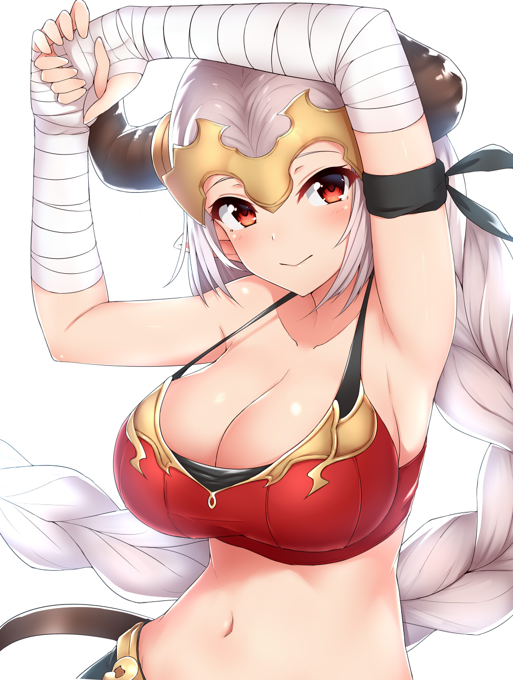 1girl aliza_(granblue_fantasy) arms_up bandage bandaged_arm bare_shoulders braid breasts cleavage closed_mouth collarbone commentary_request crop_top curled_horns draph etan14 granblue_fantasy headpiece highres horns large_breasts long_hair low_ponytail navel pointy_ears ponytail red_eyes sidelocks silver_hair simple_background single_braid smile solo very_long_hair white_background