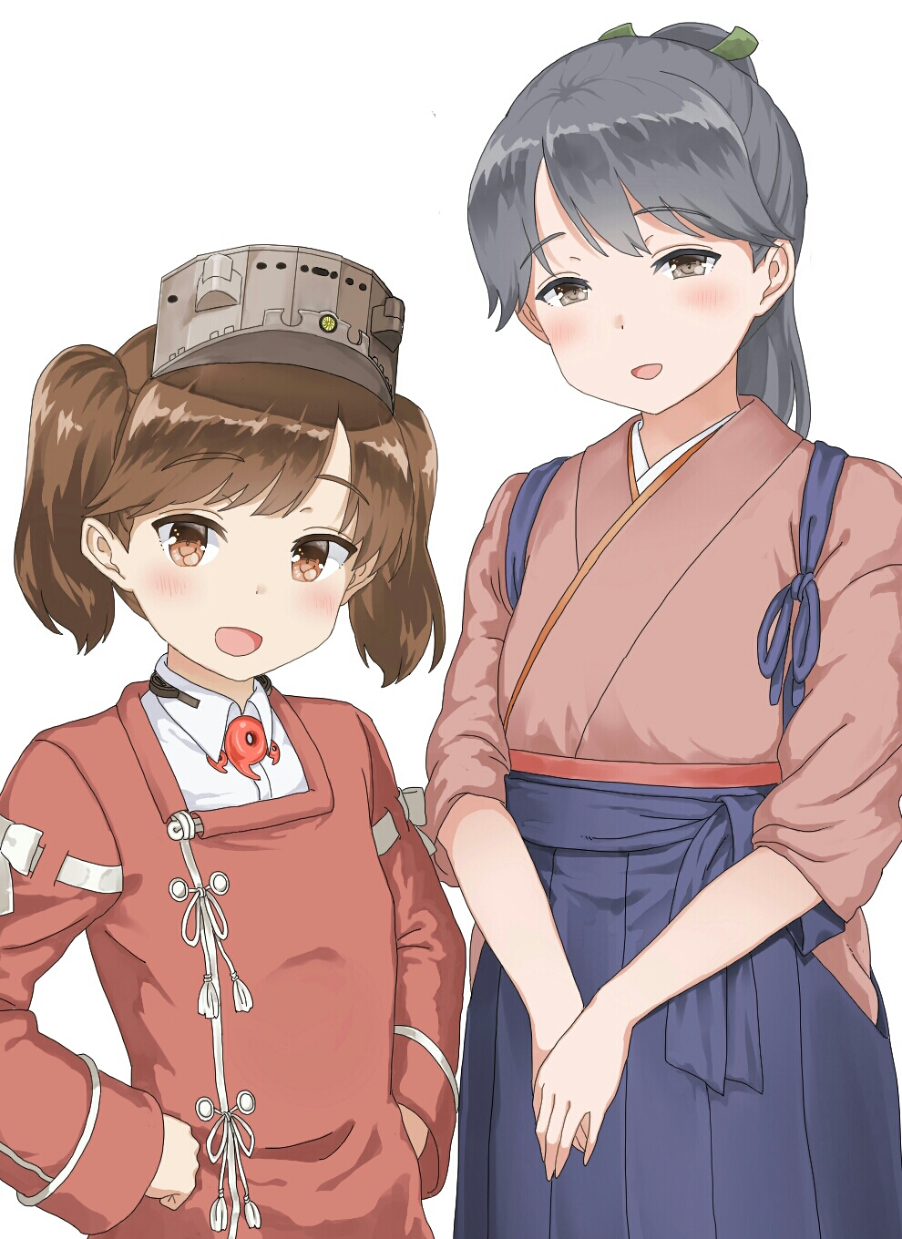 2girls black_hair brown_eyes brown_hair commentary_request cowboy_shot curry_soba hakama hakama_skirt highres houshou_(kantai_collection) japanese_clothes kantai_collection kariginu kimono long_hair magatama multiple_girls ponytail ryuujou_(kantai_collection) short_hair tasuki twintails upper_body visor_cap white_background