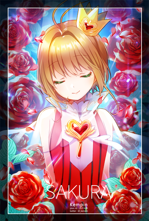 1girl antenna_hair arms_behind_back artist_name bangs brown_hair card_captor_sakura character_name closed_eyes crown eyebrows_visible_through_hair flower hair_between_eyes head_tilt heart hobak kinomoto_sakura mini_crown red_flower rose see-through short_hair_with_long_locks sidelocks smile solo swept_bangs upper_body