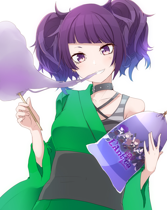 1girl amai_nekuta bag bangs collar collarbone commentary_request cotton_candy diagonal_bangs grin idolmaster idolmaster_shiny_colors japanese_clothes looking_at_viewer purple_hair short_hair short_twintails simple_background single_bare_shoulder smile solo tanaka_mamimi tank_top teeth twintails violet_eyes white_background