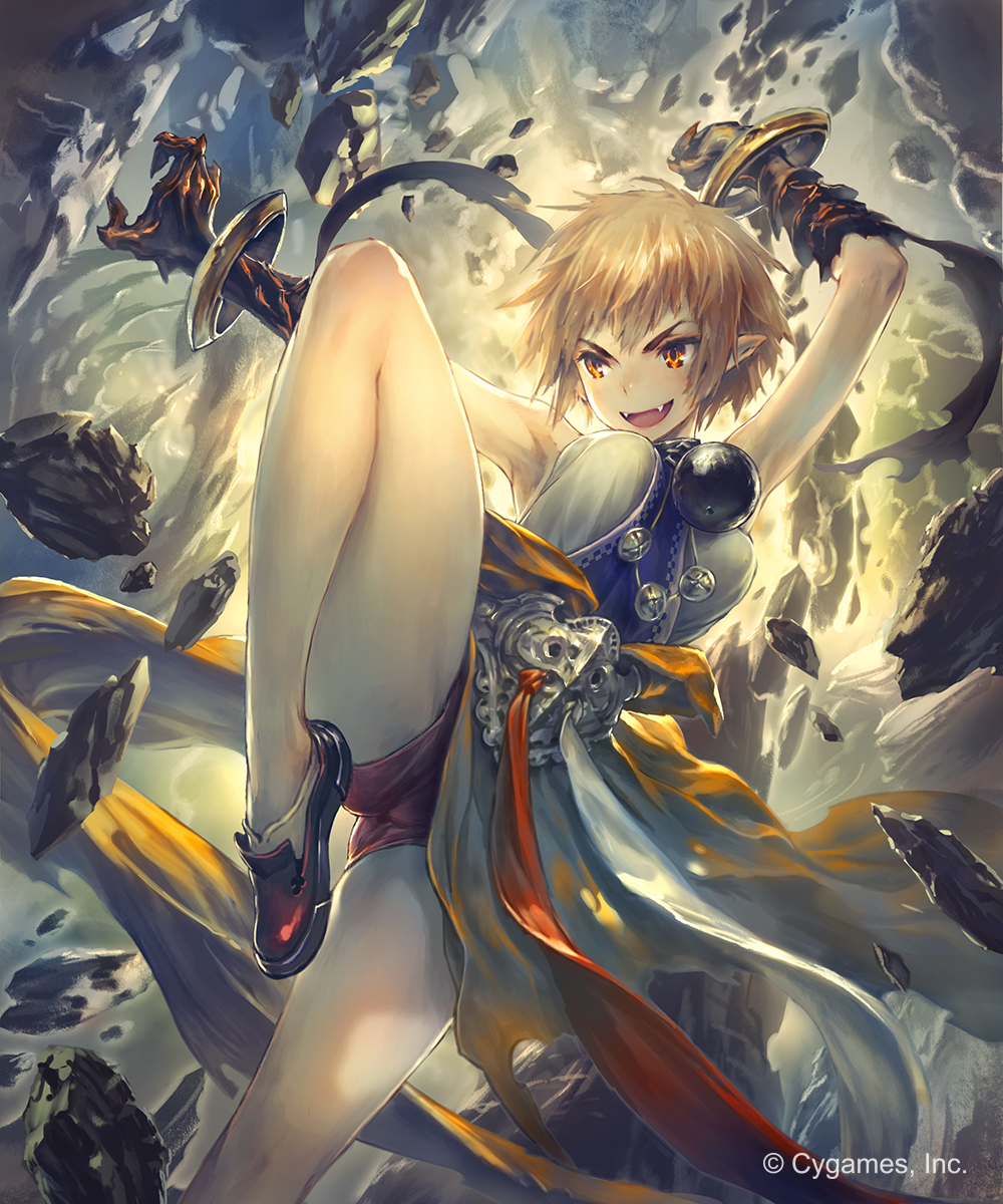 1girl :d arm_up armor armpits blonde_hair breasts day fangs gauntlets highres hisakata_souji medium_breasts one_leg_raised open_mouth orange_eyes outdoors outstretched_arm pointy_ears red_footwear red_shorts shingeki_no_bahamut short_hair short_shorts shorts smile socks solo standing standing_on_one_leg white_legwear
