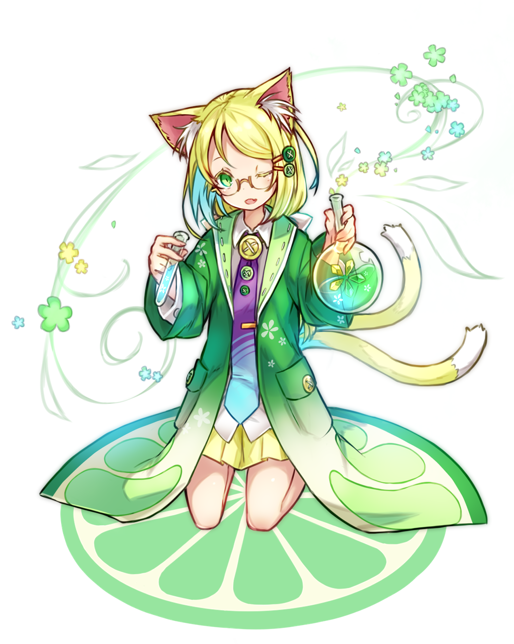 1girl ;d animal_ears blonde_hair blue_flower blue_hair cat_ears cat_girl cat_tail collared_shirt fang flower glasses green_coat green_eyes green_flower head_tilt highres kazana_(sakuto) labcoat long_hair long_sleeves looking_at_viewer multicolored_hair multiple_tails necktie one_eye_closed open_mouth original pleated_skirt purple_neckwear round-bottom_flask seiza shirt sitting skirt smile solo tail test_tube two-tone_hair two_tails white_background white_shirt wide_sleeves yellow_flower yellow_skirt