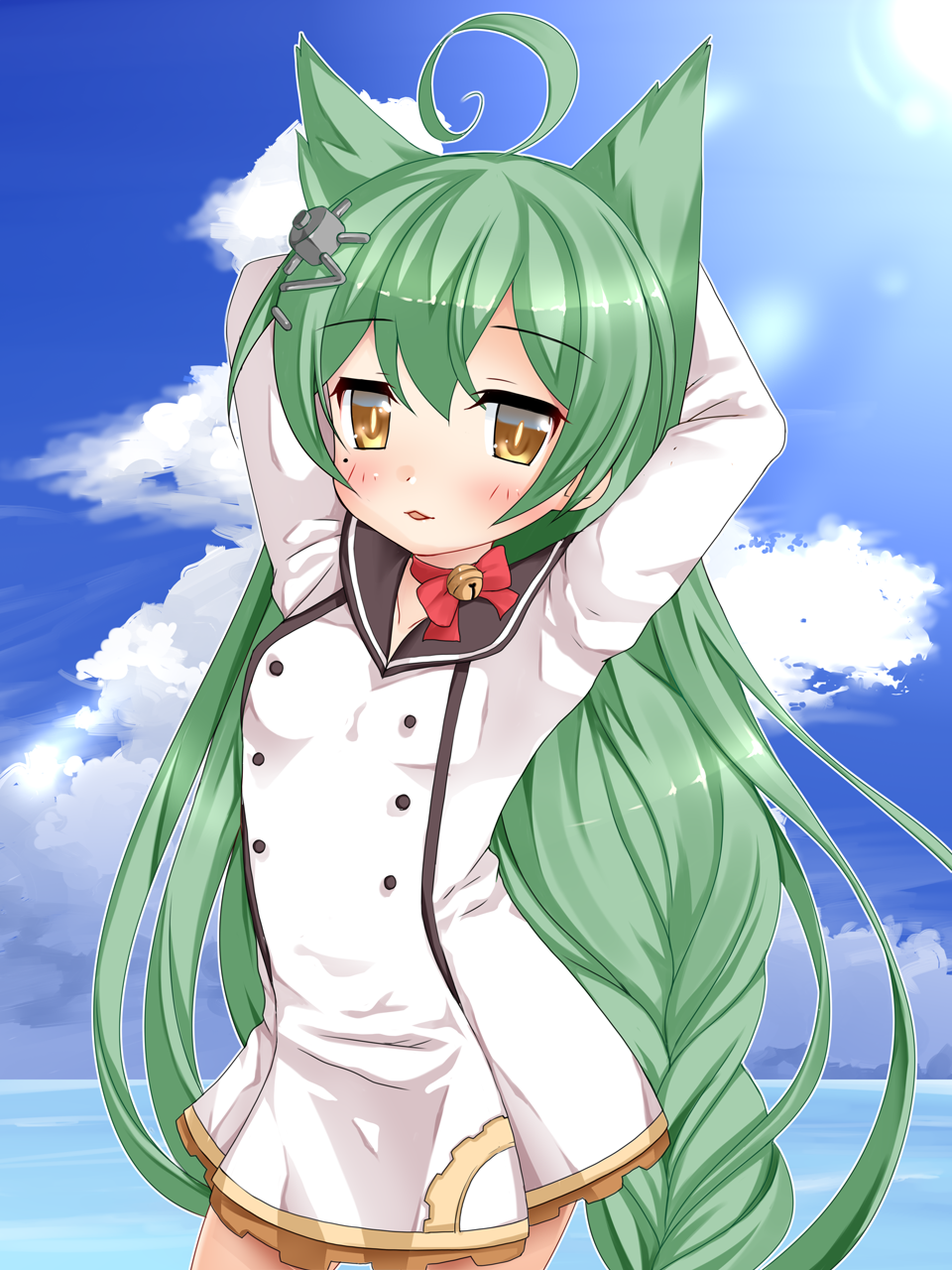 1girl ahoge akashi_(azur_lane) animal_ears arms_up azur_lane bangs bell black_sailor_collar blue_sky bow breasts brown_eyes cat_ears clouds collarbone commentary_request contrapposto cowboy_shot day dress eyebrows_visible_through_hair hair_between_eyes hair_ornament highres horizon jingle_bell kumaneko_rococo long_hair long_sleeves looking_at_viewer ocean outdoors red_bow sailor_collar sky slit_pupils small_breasts solo standing very_long_hair water white_dress