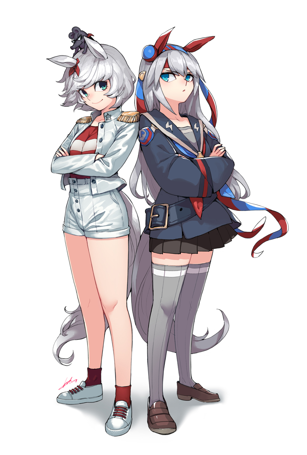 2girls animal_ears blue_eyes bow crossed_arms crossover eyebrows_visible_through_hair green_eyes grey_legwear highres horse_ears horse_tail long_hair long_sleeves midori_no_makibaoo military military_uniform multiple_girls pout short_hair short_shorts shorts simple_background smile standing sungwon tail tamamo_cross thigh-highs umamusume uniform white_background