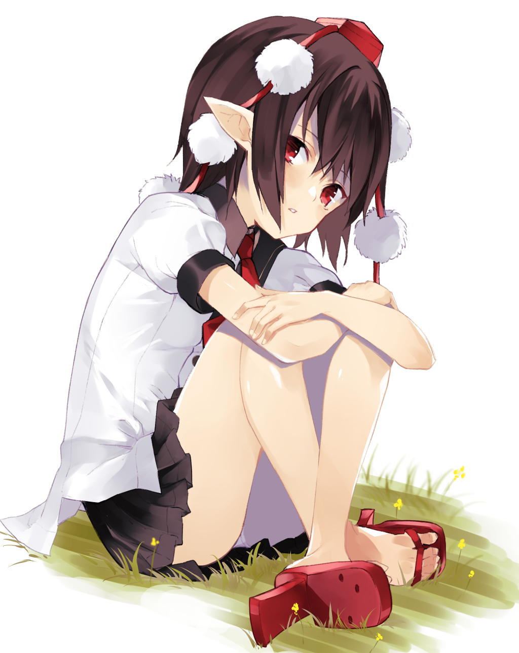 1girl ass black_skirt brown_hair commentary_request flower geta grass hat head_tilt highres knees_up looking_at_viewer miniskirt necktie nuqura parted_lips pleated_skirt pointy_ears pom_pom_(clothes) puffy_short_sleeves puffy_sleeves red_eyes red_footwear red_neckwear shameimaru_aya shirt short_sleeves simple_background sitting skirt solo tassel tengu-geta tokin_hat touhou white_background white_shirt wing_collar yellow_flower