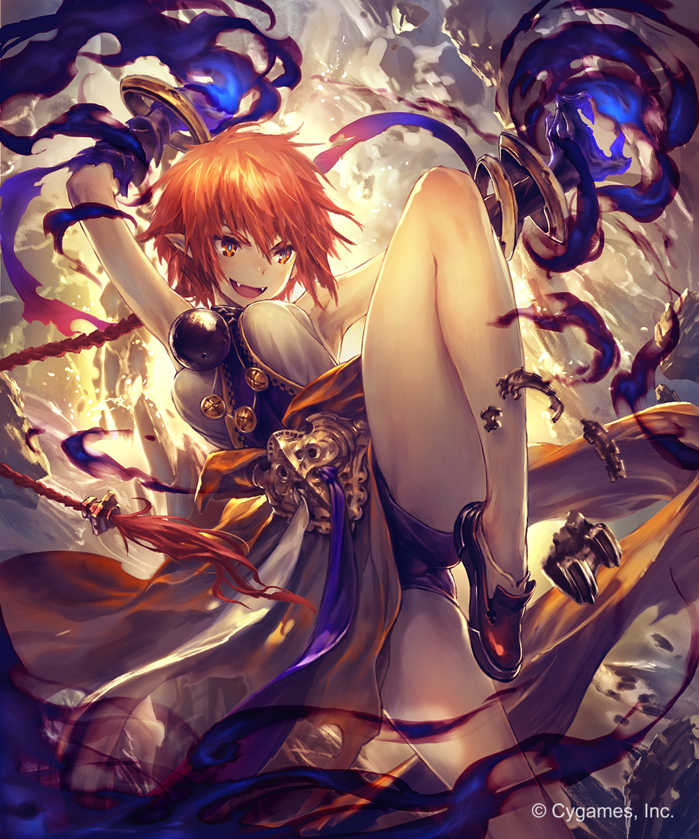 1girl :d arm_up armor armpits breasts day fangs gauntlets grey_shorts highres hisakata_souji magic medium_breasts one_leg_raised open_mouth orange_eyes outdoors outstretched_arm pointy_ears red_footwear redhead shingeki_no_bahamut short_hair short_shorts shorts smile socks solo standing standing_on_one_leg white_legwear