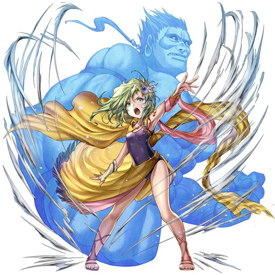 1boy 1girl arm_up armpits artist_request bracer cape final_fantasy final_fantasy_iv fingerless_gloves gem gloves green_eyes green_hair hair_ornament leotard long_hair muscle navy_blue_leotard official_art open_mouth outstretched_arm rydia sandals sarong shouting single_glove source_request titan_(final_fantasy) wind wind_lift yellow_cape yellow_sarong