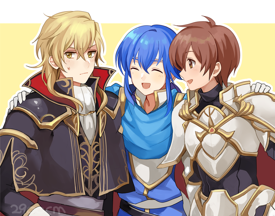 2900cm armor blue_eyes blue_hair blush brown_eyes brown_hair cape celice_(fire_emblem) closed_eyes fire_emblem fire_emblem:_seisen_no_keifu fire_emblem:_thracia_776 gloves headband leaf_(fire_emblem) long_hair male_focus multiple_boys open_mouth short_hair smile