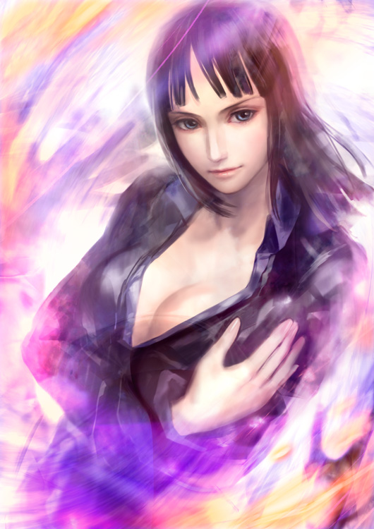 1girl bangs black_hair blue_eyes blunt_bangs breasts closed_mouth collared_dress dress floating_hair kageco light_smile lips long_sleeves looking_at_viewer medium_breasts medium_hair nico_robin one_piece solo upper_body wing_collar
