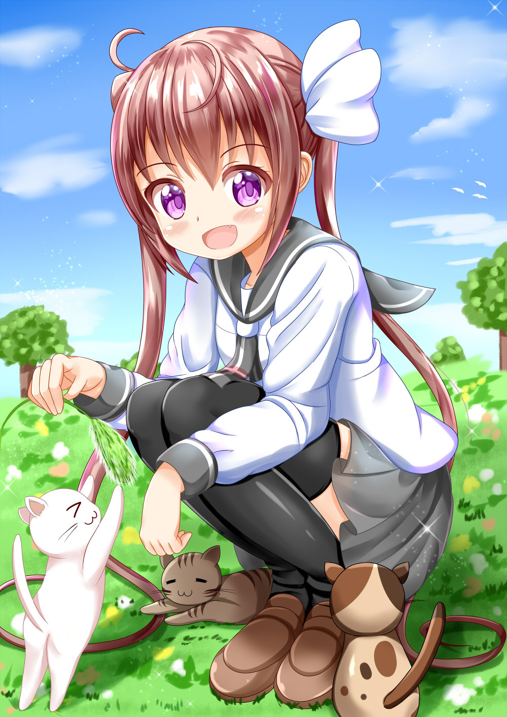 &gt;_&lt; 1girl :3 :d =_= animal black_legwear blue_sky blush bow brown_footwear brown_hair cat cat_teaser cattail closed_eyes closed_mouth clouds commentary_request day fang grey_sailor_collar grey_skirt hair_bow highres loafers long_hair looking_at_viewer momochi_tamate open_mouth outdoors plant pleated_skirt sailor_collar school_uniform serafuku shirt shoes sidelocks skirt sky slow_start smile solo sparkle squatting thigh-highs tree twintails very_long_hair violet_eyes white_bow white_shirt zenon_(for_achieve)