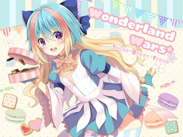 1girl :d bangs blonde_hair blue_bow blue_gloves blue_hair blue_skirt blush bow breasts candy_wrapper character_request checkerboard_cookie commentary_request cookie copyright_name eyebrows_visible_through_hair food frilled_bow frills gloves hair_between_eyes hair_bow holding kuroe_(sugarberry) leaning_forward long_sleeves macaron multicolored_hair open_mouth pennant puffy_short_sleeves puffy_sleeves shirt short_over_long_sleeves short_sleeves skirt small_breasts smile solo string_of_flags striped striped_legwear sunshine_creation thigh-highs two-tone_hair upper_teeth vertical-striped_legwear vertical_stripes violet_eyes white_shirt wide_sleeves wonderland_wars