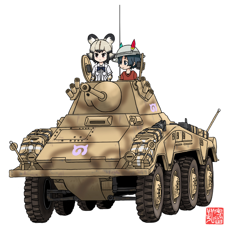 african_wild_dog_(kemono_friends) african_wild_dog_print armored_vehicle ground_vehicle hat_feather helmet kaban_(kemono_friends) kemono_friends m.wolverine military military_vehicle millipen_(medium) motor_vehicle multiple_girls original pith_helmet red_shirt shirt short_over_long_sleeves traditional_media turret