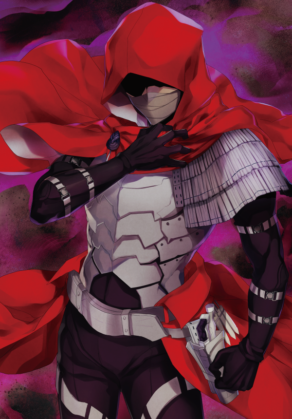 1boy armor bandage belt black_gloves black_pants cape cowboy_shot emiya_kiritsugu emiya_kiritsugu_(assassin) fate/grand_order fate_(series) gloves hood male_focus mask pants pippio purple_background red_cape solo standing