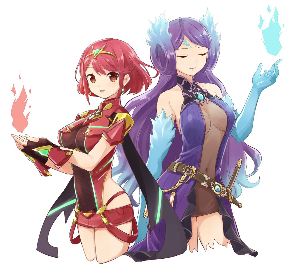 2girls bangs breasts closed_eyes collarbone covered_navel crotchless_pants earrings fingerless_gloves fire gloves pyra_(xenoblade) jewelry kagutsuchi_(xenoblade) long_hair looking_at_viewer madanai_(morisumeshi) medium_breasts multiple_girls purple_hair red_shorts redhead shorts shoulder_armor sidelocks simple_background smile swept_bangs tiara xenoblade_(series) xenoblade_2