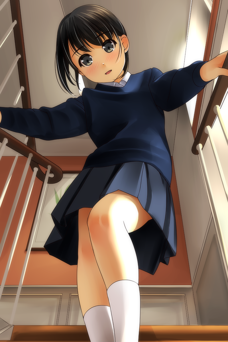 1girl :d bangs black_hair black_shirt black_skirt blush collared_shirt commentary_request eyebrows_visible_through_hair feet_out_of_frame from_below highres indoors looking_at_viewer looking_down matsunaga_kouyou open_mouth original painting_(object) picture_frame pleated_skirt railing shirt short_hair skirt smile socks solo stairs white_legwear white_shirt