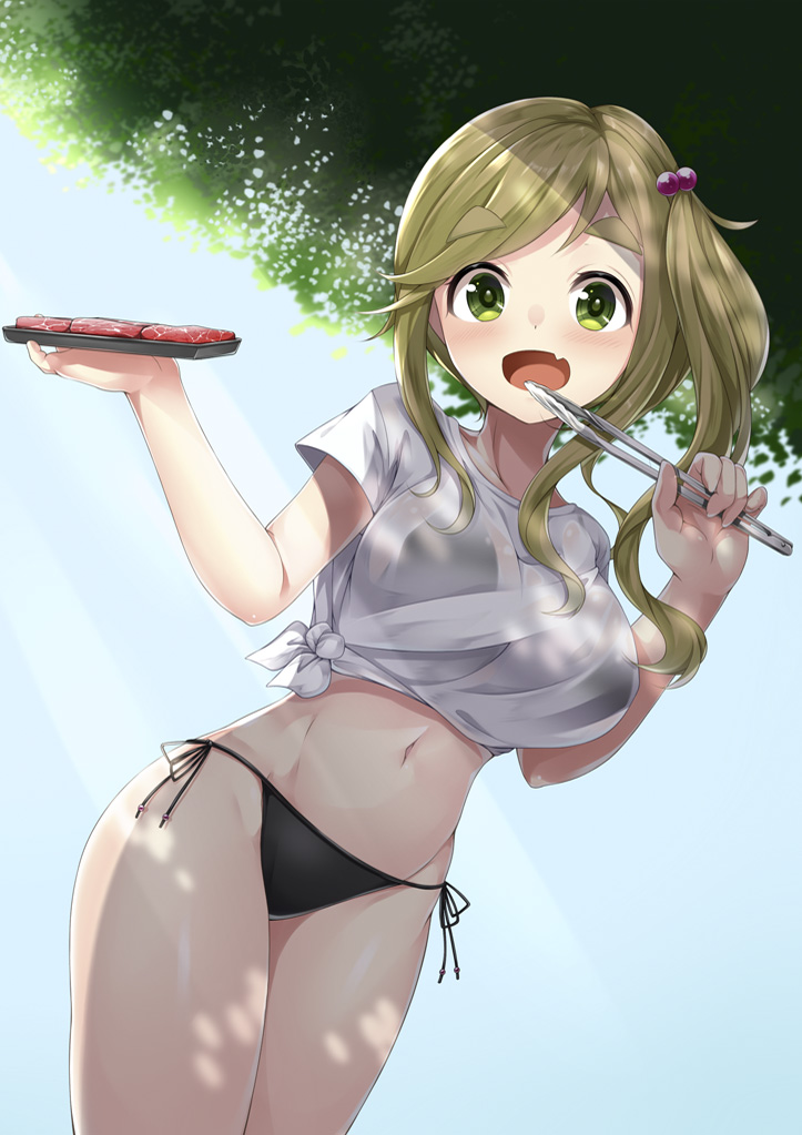 1girl :d beads bikini bikini_under_clothes black_bikini blue_sky blush breasts clamps cowboy_shot dappled_sunlight day fang fang_out food green_eyes green_hair hair_beads hair_bobbles hair_ornament inuyama_aoi kotohane large_breasts long_hair looking_at_viewer meat navel open_mouth outdoors see-through shirt side-tie_bikini side_ponytail sidelocks sky smile solo sunlight swimsuit swimsuit_under_clothes thick_eyebrows tied_shirt tongs white_shirt yurucamp