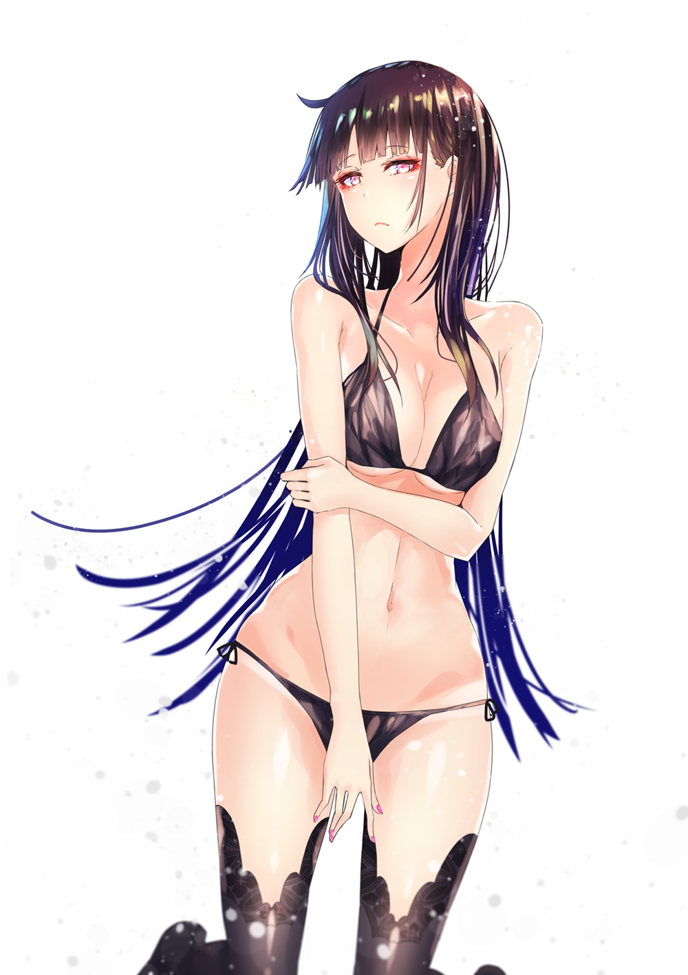 1girl bare_shoulders bikini black_bikini black_hair blush breasts cleavage collarbone commentary_request groin highres large_breasts long_hair looking_at_viewer nail_polish navel original shiny shiny_hair side-tie_bikini solo someya_mai stomach swimsuit yellow_eyes