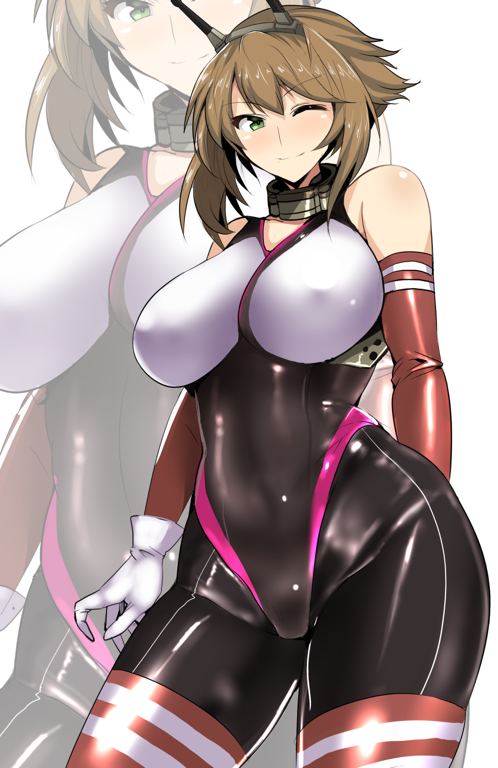 1girl adapted_costume arm_behind_back bangs bare_shoulders blush bodysuit breasts brown_hair closed_mouth collar collarbone covered_navel elbow_gloves eyebrows_visible_through_hair flipped_hair gloves green_eyes hairband highres hips kantai_collection koujun_(mugenzero) large_breasts looking_at_viewer metal_collar mutsu_(kantai_collection) one_eye_closed radio_antenna red_legwear shiny shiny_clothes short_hair sidelocks skin_tight smile solo striped striped_legwear thighs waist white_background white_gloves zoom_layer