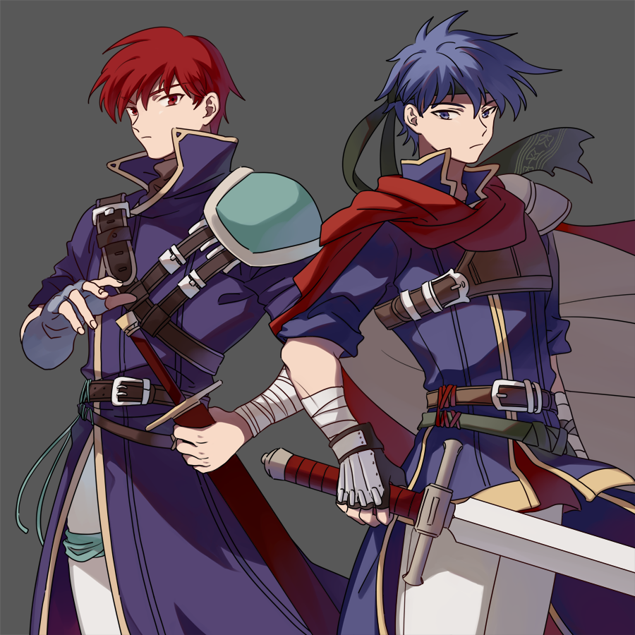 2boys artist_request cape fire_emblem fire_emblem:_rekka_no_ken fire_emblem:_souen_no_kiseki fire_emblem_heroes gloves headband ike male_focus multiple_boys raven_(fire_emblem) red_eyes redhead short_hair simple_background weapon