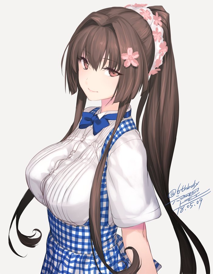 1girl bangs blue_neckwear blue_skirt bow bowtie breasts brown_hair buttons cherry_blossoms closed_mouth dated flower from_side grey_background hair_flower hair_intakes hair_ornament kantai_collection large_breasts long_hair looking_at_viewer pink_eyes plaid plaid_skirt ponytail rokuwata_tomoe short_sleeves sidelocks simple_background skirt smile solo suspender_skirt suspenders twitter_username upper_body very_long_hair yamato_(kantai_collection)