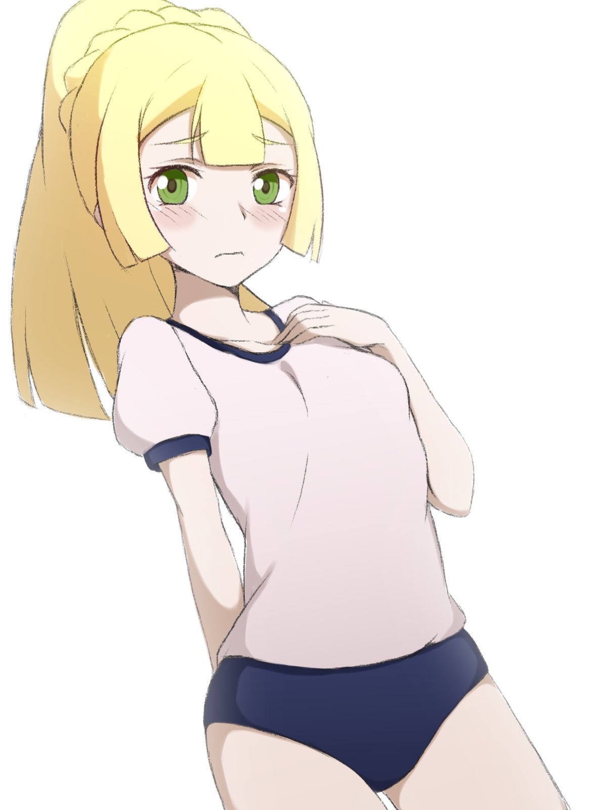 1girl ayanue blonde_hair blue_buruma blush buruma green_eyes gym_shirt gym_uniform highres lillie_(pokemon) long_hair pokemon pokemon_(game) pokemon_sm ponytail shirt short_sleeves simple_background solo white_background white_shirt