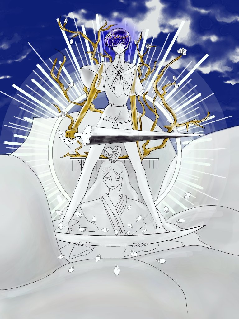 2others androgynous bangs blue_hair blue_sky blunt_bangs clouds golden_arms hair_rings houseki_no_kuni japanese_clothes long_hair looking_at_viewer one_eye_closed petals phosphophyllite phosphophyllite_(ll) see-through short_hair sky smile spoilers sword tsuki_jin weapon white_eyes