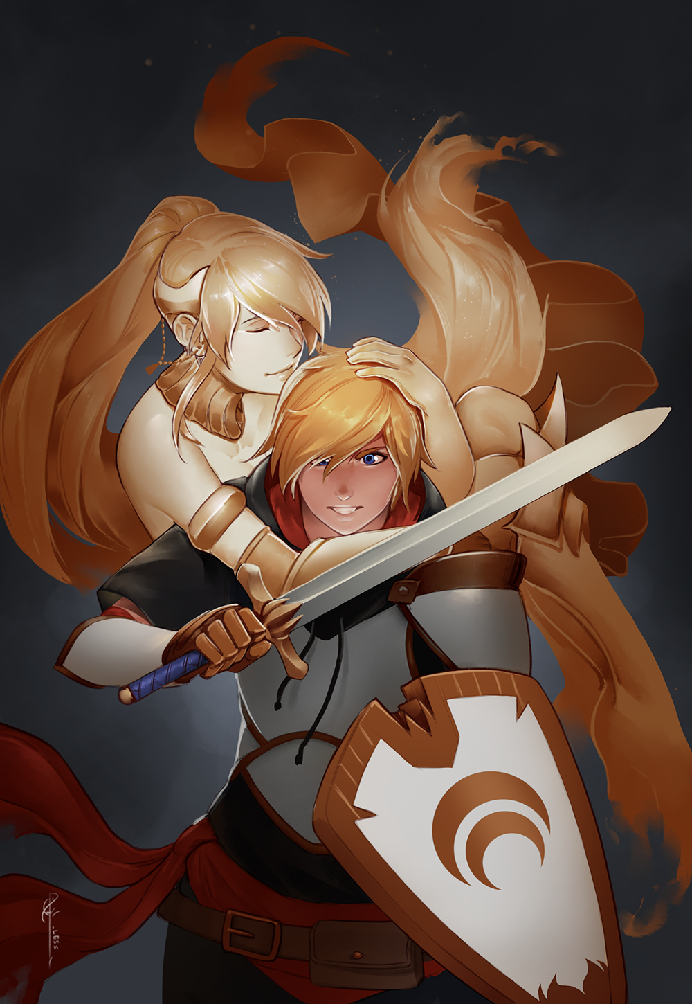 1boy 1girl armor blonde_hair blue_eyes brown_hair closed_eyes gloves highres hug jaune_arc less long_hair pyrrha_nikos rwby shield smile sword weapon