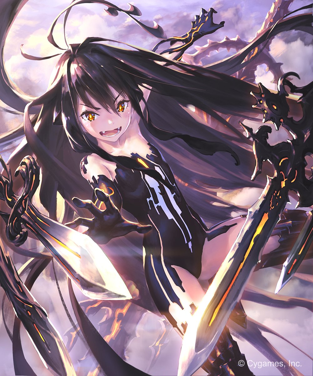 1girl ahoge attack black_hair dagger fangs highres hisakata_souji long_hair pointy_ears shingeki_no_bahamut sky solo sword weapon yellow_eyes