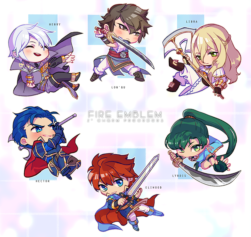 1girl armor black_hair blue_eyes blue_hair blush braid brown_hair cape chibi closed_eyes dress earrings eliwood_(fire_emblem) fingerless_gloves fire_emblem fire_emblem:_kakusei fire_emblem:_rekka_no_ken fire_emblem_heroes gloves green_eyes green_hair hector_(fire_emblem) henry_(fire_emblem) high_ponytail jewelry long_hair long_sleeves lyndis_(fire_emblem) multiple_boys ponytail redhead ronku short_hair side_slit smile sword weapon white_hair