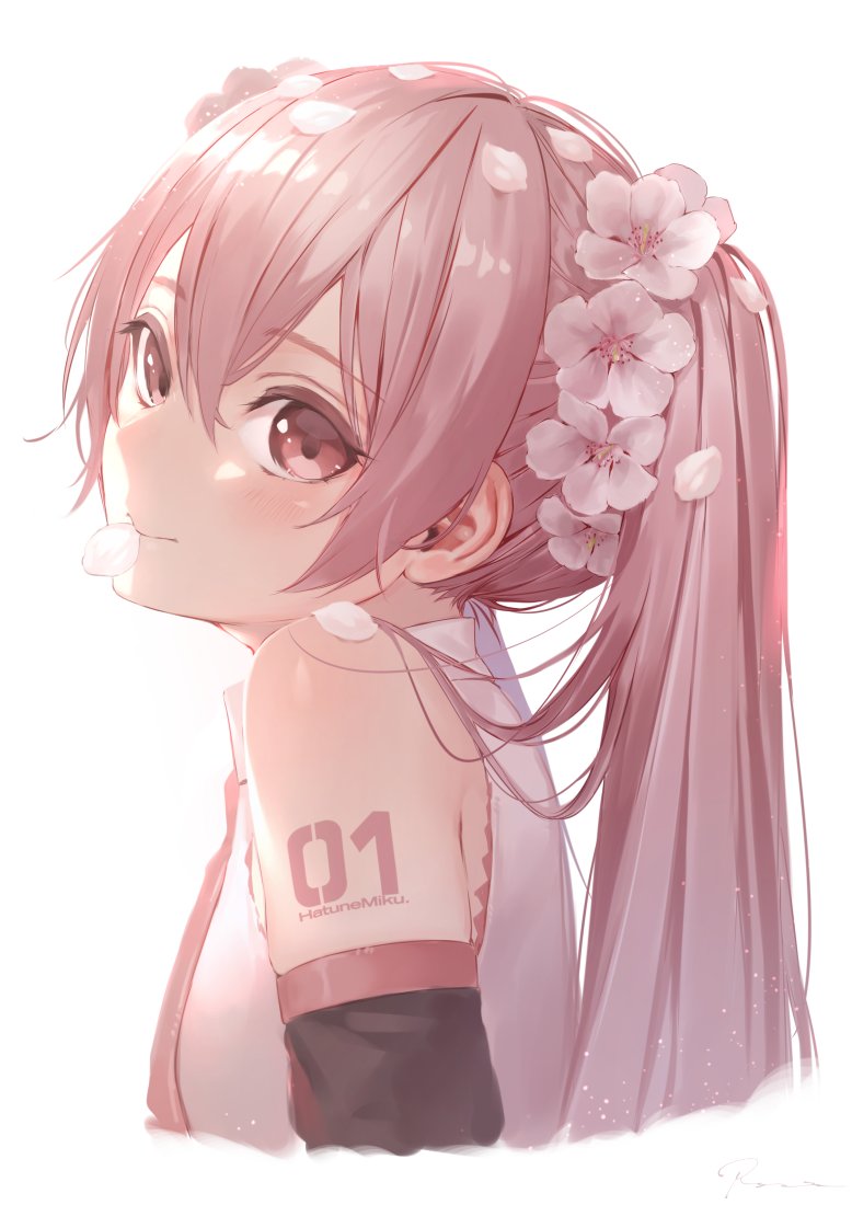 1girl bangs bare_shoulders blush character_name cherry_blossoms cropped_torso detached_sleeves eyebrows_visible_through_hair flower from_side hair_between_eyes hair_flower hair_ornament hakura_kusa hatsune_miku head_tilt long_hair looking_at_viewer looking_to_the_side mouth_hold necktie petals pink_eyes pink_flower pink_hair pink_neckwear ponytail sakura_miku shiny shiny_hair shirt shoulder_tattoo sidelocks signature simple_background smile solo sunlight tattoo upper_body vocaloid white_background white_shirt