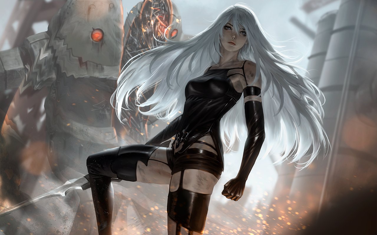 1girl after_battle android black_gloves black_shorts clenched_hand dirty elbow_gloves gloves long_hair looking_at_viewer machine_(nier) mole mole_under_mouth nier_(series) nier_automata raikoart robot_joints serious short_shorts shorts solo sword thigh-highs weapon yorha_type_a_no._2