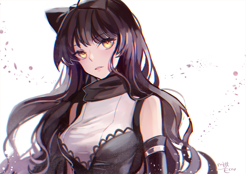 1girl black_hair blake_belladonna bow commentary_request ecru hair_bow long_hair looking_back rwby sleeveless solo white_background yellow_eyes