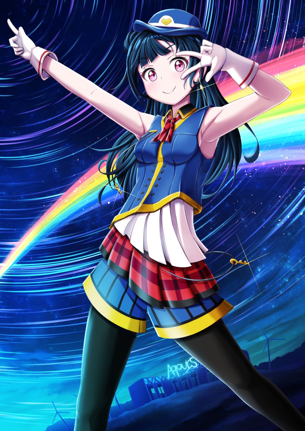 1girl armpits ascot bangs black_legwear blue_hair blue_hat breasts buckle_(artist) collared_shirt earrings female_service_cap glint gloves group_name happy_party_train hat highres jewelry key long_hair looking_at_viewer love_live! love_live!_sunshine!! night night_sky pantyhose plaid plaid_neckwear pointing pointing_up rainbow red_neckwear shirt shorts side_bun sky sleeveless sleeveless_shirt small_breasts smile solo star_trail tsushima_yoshiko violet_eyes w_over_eye white_gloves windmill
