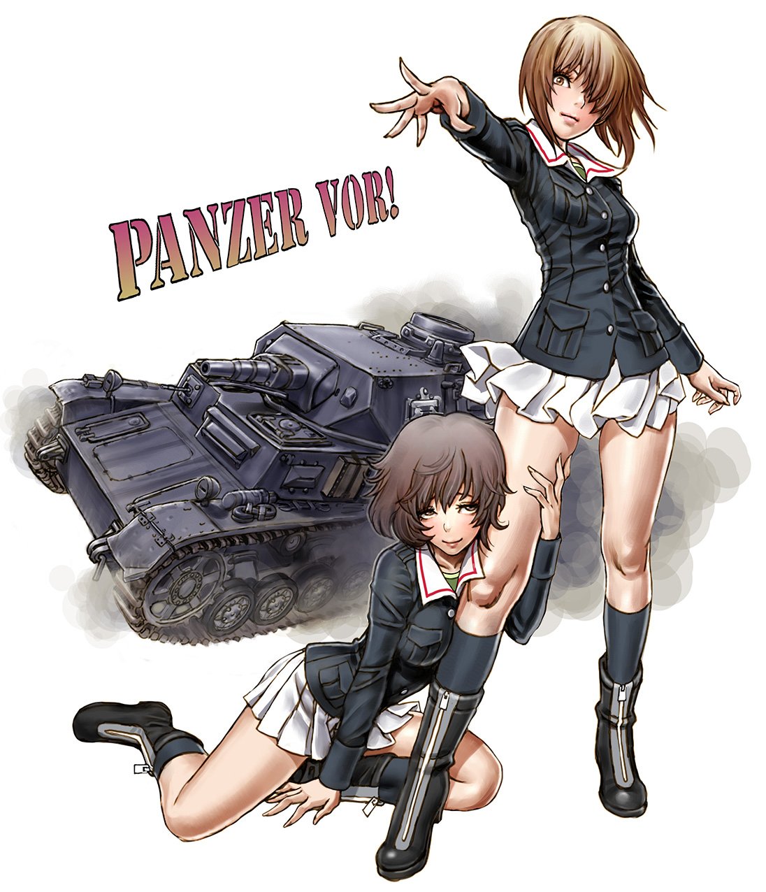 2girls akiyama_yukari brown_eyes brown_hair girls_und_panzer ground_vehicle highres military military_vehicle motor_vehicle multiple_girls nishizumi_miho ooarai_military_uniform panzerkampfwagen_iv short_hair skirt tank white_background yamashita_shun'ya