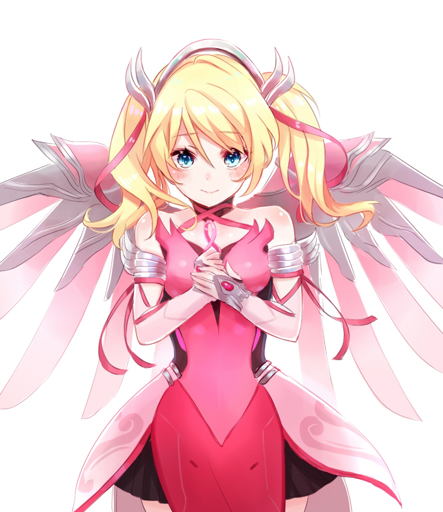 1girl alternate_wing_color arm_ribbon awareness_ribbon black_skirt blonde_hair blue_eyes blush breasts clenched_hand commentary_request cowboy_shot dress elbow_gloves eyebrows_visible_through_hair gloves hair_ribbon hands_together looking_at_viewer m-musume_(catbagel) magical_girl mechanical_halo mechanical_wings medium_breasts medium_hair mercy_(overwatch) miniskirt overwatch pelvic_curtain pink_dress pink_gloves pink_mercy pink_ribbon pink_wings pleated_skirt ribbon short_twintails skirt solo strapless strapless_dress twintails wings