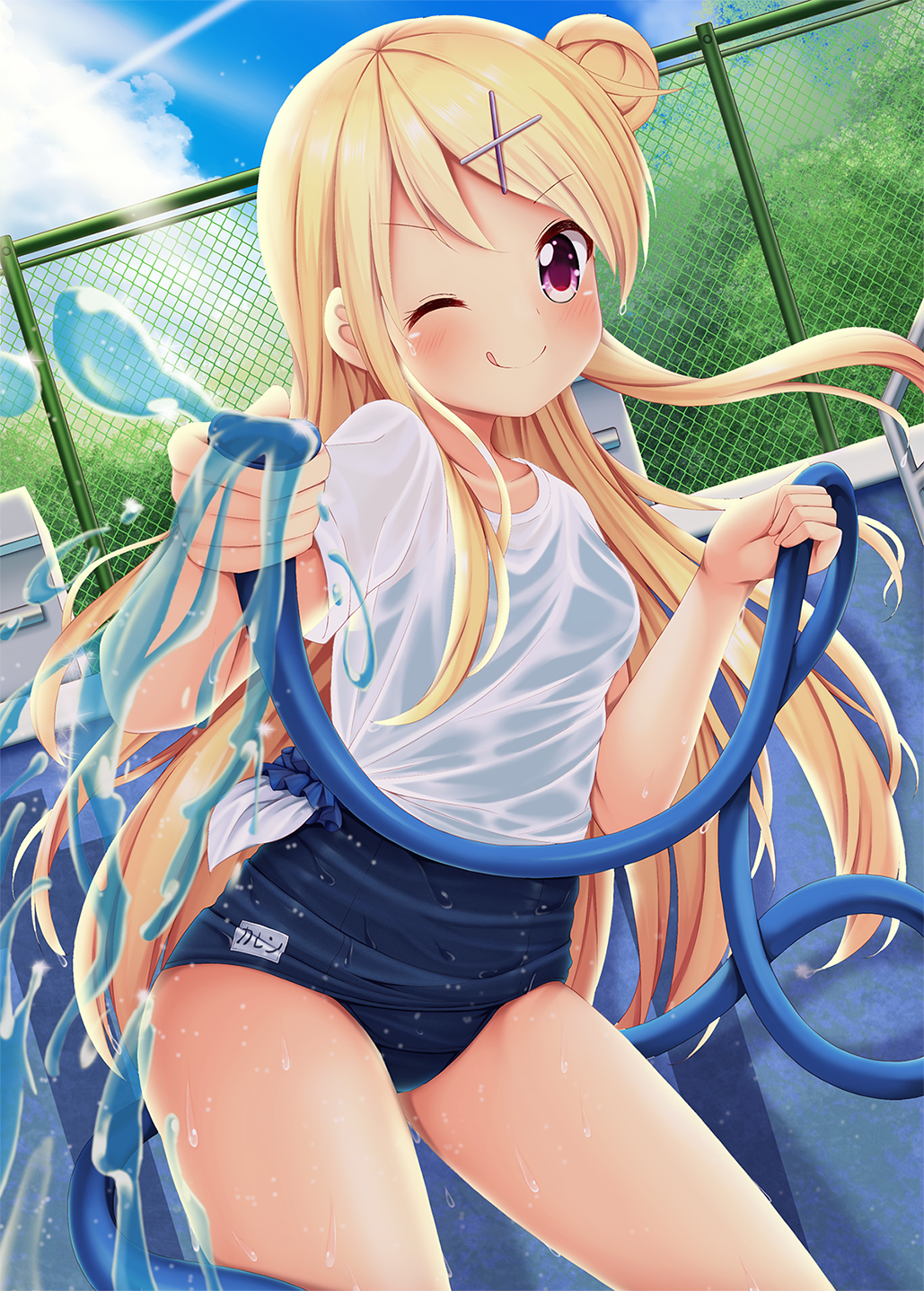 1girl blonde_hair blue_sky chain-link_fence clouds commentary_request condensation_trail day dutch_angle empty_pool fence hair_bun hair_ornament hairclip highres hose kin-iro_mosaic kujou_karen long_hair looking_at_viewer minato_(ojitan_gozaru) one_eye_closed outdoors red_eyes school_swimsuit see-through shirt sky solo starting_block swimsuit water wet wet_clothes wet_shirt wet_t-shirt white_shirt