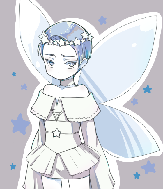 1other alternate_costume amimi androgynous bare_shoulders cairngorm_(houseki_no_kuni) choker colored_eyelashes dress fairy_wings grey_background grey_hair houseki_no_kuni looking_at_viewer pout short_hair silver_hair sleeves_past_wrists solo white_dress wings