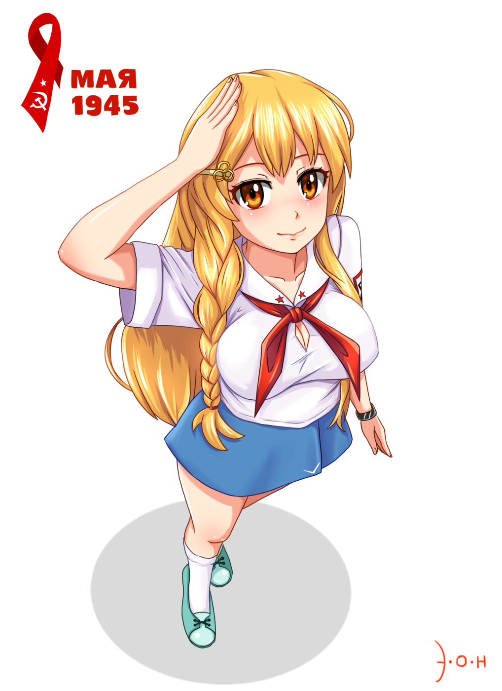1girl blonde_hair braid collarbone from_above hair_ornament hairclip hammer_and_sickle highres huyase long_hair looking_up original salute single_braid smile solo white_background yellow_eyes