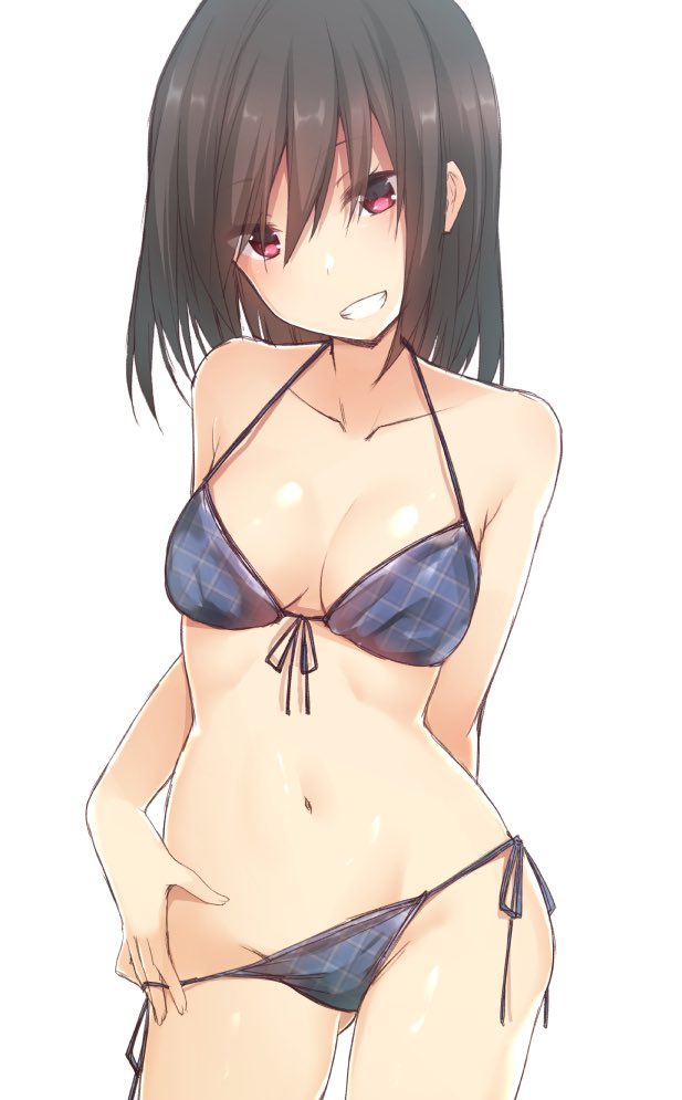 1girl bangs bare_arms bikini bikini_pull blue_bikini breasts brown_hair colalrbone eyebrows_visible_through_hair front-tie_bikini front-tie_top grin groin hair_between_eyes head_tilt long_hair medium_breasts nagami_yuu navel original pulled_by_self red_eyes side-tie_bikini simple_background smile solo swimsuit white_background