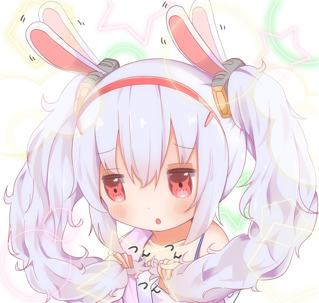 1girl :o afterimage animal_ears azur_lane bangs bare_shoulders blush camisole collarbone commentary_request ear_wiggle eyebrows_visible_through_hair hair_between_eyes hair_grab hair_ornament hairband jacket laffey_(azur_lane) long_hair mugichoko_(mugi_no_choko) off_shoulder open_clothes open_jacket parted_lips pink_jacket rabbit_ears red_eyes red_hairband sidelocks silver_hair solo star twintails white_camisole