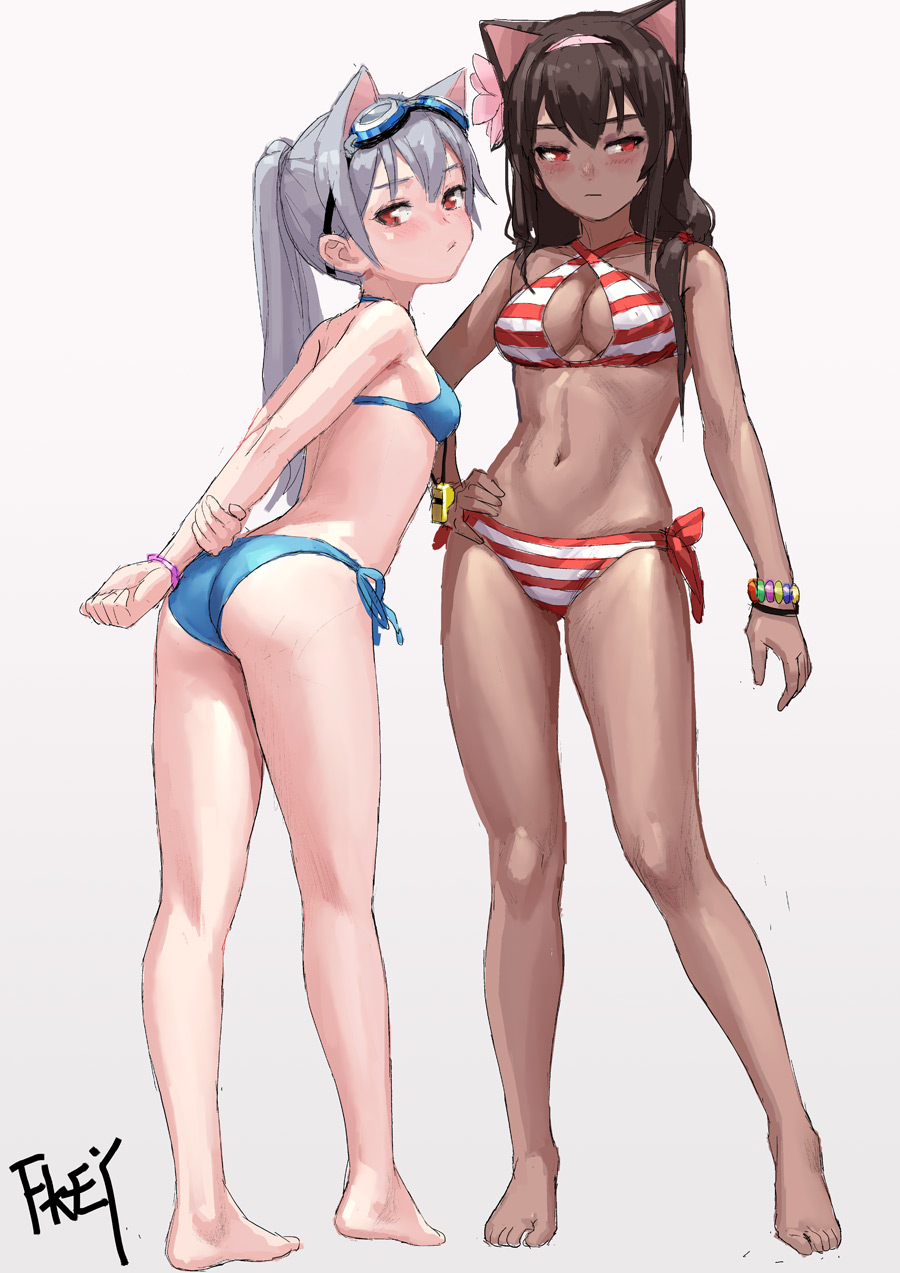 2girls animal_ears artist_name ass bare_arms bare_legs bare_shoulders barefoot bikini blue_bikini breasts brown_hair cat_ears chinese_commentary commentary_request criss-cross_halter dark_skin female fkey flower full_body goggles goggles_on_head grey_background hair_between_eyes hair_flower hair_ornament hairband halterneck hand_on_hip highres looking_back medium_breasts multiple_girls navel original pink_flower pink_hairband ponytail red_bikini red_eyes side-tie_bikini signature silver_hair simple_background small_breasts standing stomach striped striped_bikini swimsuit thighs whistle white_bikini