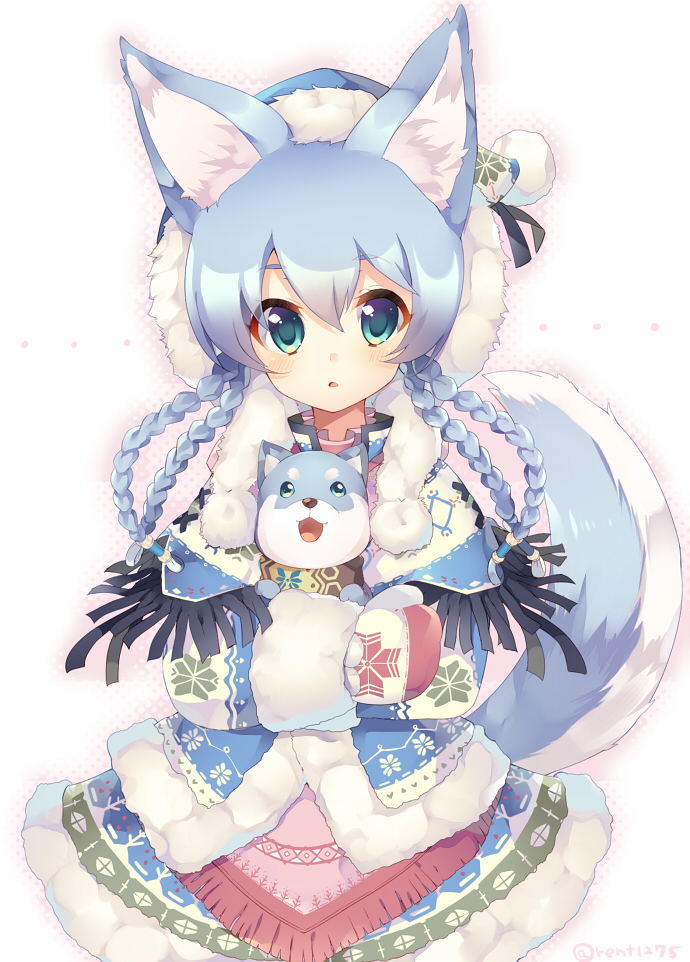 1girl animal animal_ears aqua_eyes coat copyright_request dog dress gloves holding holding_animal holding_dog looking_at_viewer rento_(rukeai) silver_hair solo tail