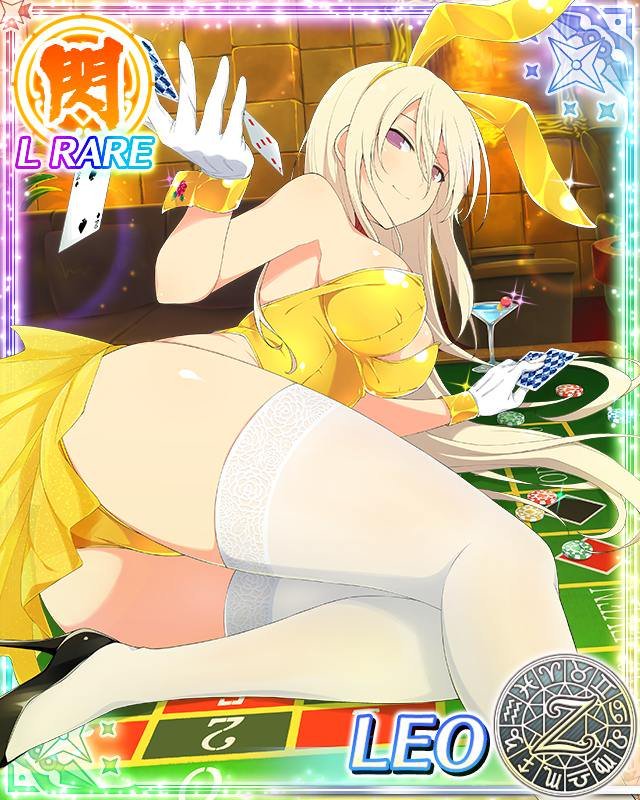 animal_ears ass black_heels black_high_heels blonde_hair breasts bunnysuit card_(medium) casino gloves gold_leotard heels high_heels image_sample large_breasts leo_(senran_kagura) leotard playboy_bunny playing_card purple_eyes rabbit_ears senran_kagura senran_kagura_(series) showgirl_skirt straight_hair thighhighs tumblr_sample very_long_hair white_gloves white_tights yaegashi_nan