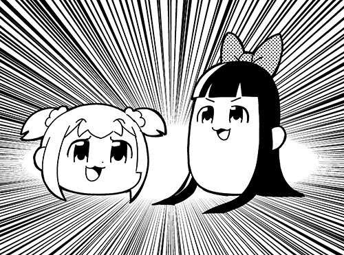 2girls :3 bangs bkub blunt_bangs bow emphasis_lines eyebrows_visible_through_hair greyscale hair_bow hair_ornament hair_scrunchie long_hair lowres monochrome multiple_girls pipimi poptepipic popuko scrunchie short_hair short_twintails sidelocks simple_background smile twintails two_side_up white_background yukkuri_shiteitte_ne