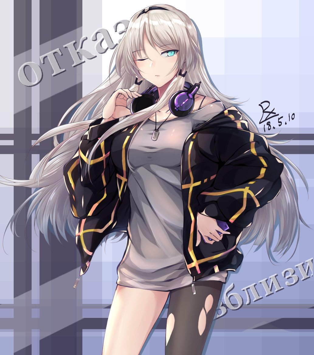 1girl alternate_costume an-94_(girls_frontline) baggy_clothes bangs black_bra black_legwear blonde_hair blue_eyes blush bra breasts casual cellphone closed_mouth collarbone cowboy_shot dated dog_tags dress eyebrows_visible_through_hair girls_frontline grey_dress hair_ribbon hairband half-closed_eye hand_on_headphones headphones headphones_around_neck holding holding_phone jacket long_hair long_sleeves looking_at_viewer medium_breasts off_shoulder one_eye_closed open_clothes open_jacket pantyhose pantyhose_around_one_leg phone ribbon short_dress sidelocks signature smartphone solo thighs torn_clothes torn_pantyhose tress_ribbon underwear unzipped zhishi_ge_fangzhang zipper